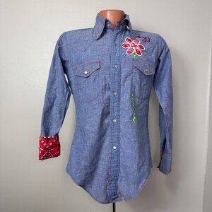 Vintage 1970s Chambray Shirt Floral Appliqué, Monzini Size Small, Bandana Trim